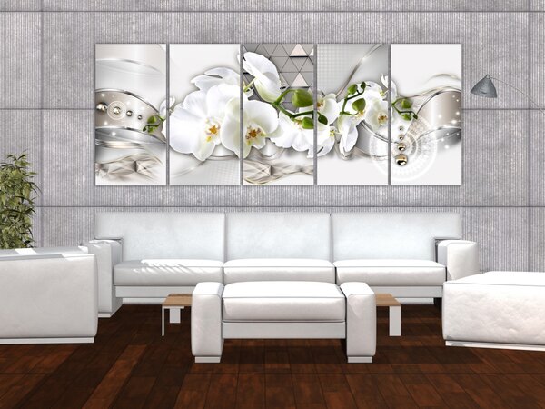Obraz Krásné orchideje (5 dílů) - bílé květy a geometrické tvary