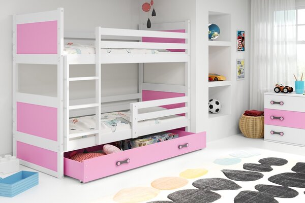 BMS Group Dětská patrová postel s úložným prostorem RICO bílá Velikost postele: 160x80 cm, Barva šuplíku: Růžová