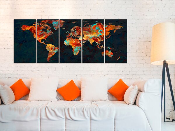 Obraz Malovaná mapa (5-dílný) - barevná mapa světa s texturou barvy