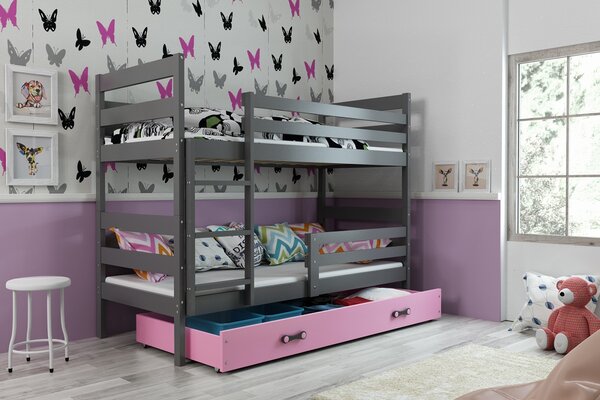 BMS Group Dětská postel Eryk patrová 190x80 - Grafit/růžová