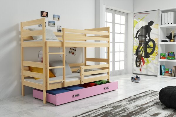 BMS Group Dětská patrová postel s úložným prostorem ERYK borovice Velikost postele: 200x90 cm, Barva šuplíku: Růžová