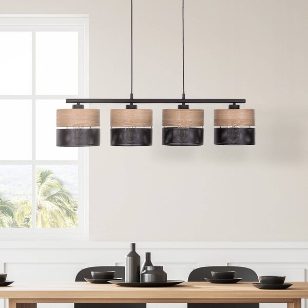 TK Lighting Závěsná lampa Nicol, černá/dřevěný efekt, 94x20 cm 4 světla x E27, stmívatelný, Světlé dřevo, Obývací pokoj / jídelna, Moderní