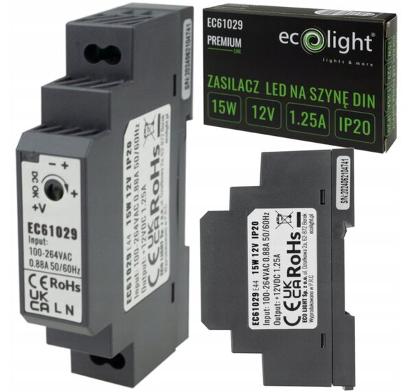 BERGE Napájení na DIN lištu - 12V 15W 0,88A pro IP20 PREMIUM LED pásek