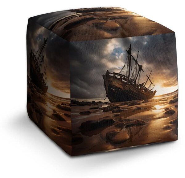 Sablio Taburet Cube Vrak lodi při západu slunce - 40x40x40 cm
