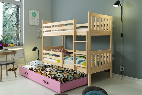 Dětská patrová postel Carino – 3 sosoby 80x190 s výsuvnou přistýlkou – Borovice, Růžová