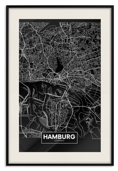 Plakát Mapa Hamburku - černo-bílá kompozice s mapou německého města