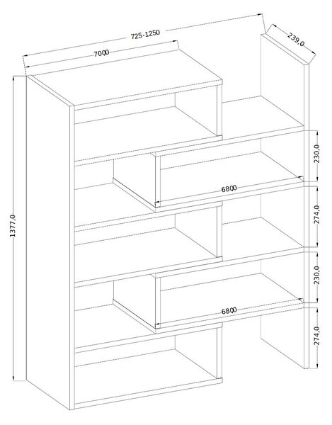 ADRK Designový regál na knihy s nastavitelnou šířkou KARDAL S 72-125, dub sonoma