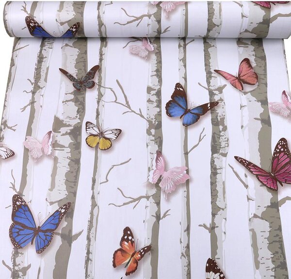 Samolepící fólie břízy s barevnými motýli 45 cm x 10 m IMPOL TRADE T35 samolepící tapety