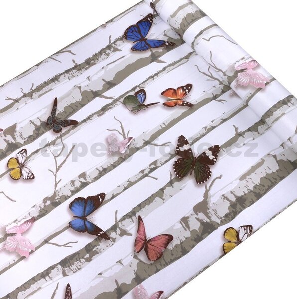Samolepící fólie břízy s barevnými motýli 45 cm x 10 m IMPOL TRADE T35 samolepící tapety