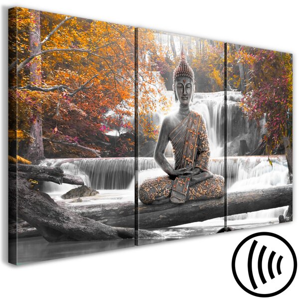 Obraz Buddha a vodopád (3dílný) oranžová