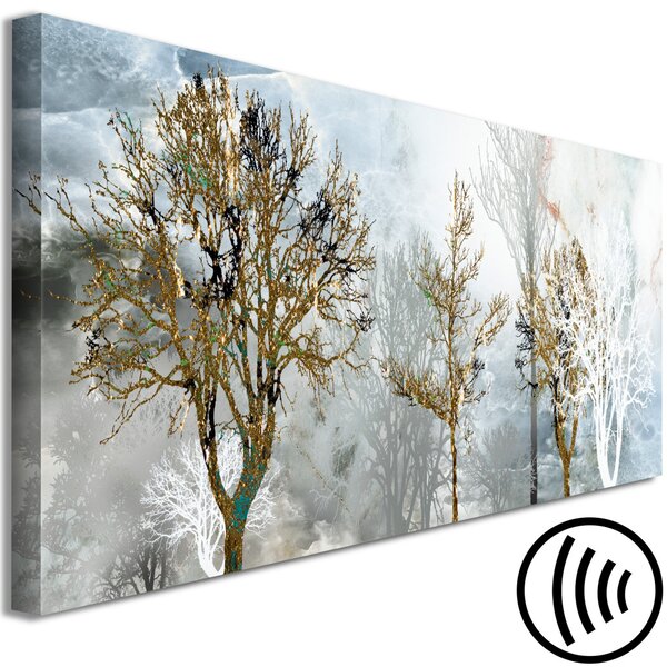 Obraz Mlžný krajinný obraz (1-dílný) - tichá krajina stromů v bílé a zlaté