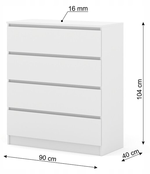 Komoda Maja S4 90 cm bílá matná se 4 zásuvkami stojící na soklu