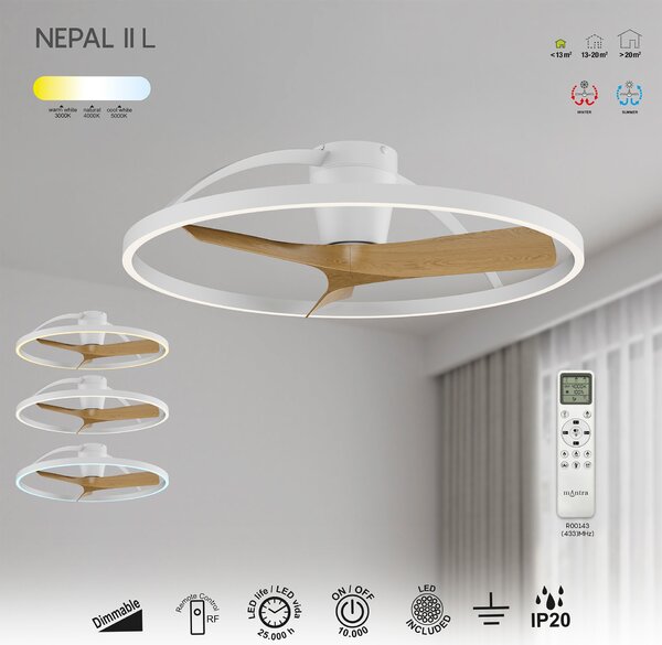 Mantra 9486 Nepal II, ventilátor se svítidlem a dálk. ovladačem, LED 44W 3000-5000K, bílá/dřevěná, průměr 100cm