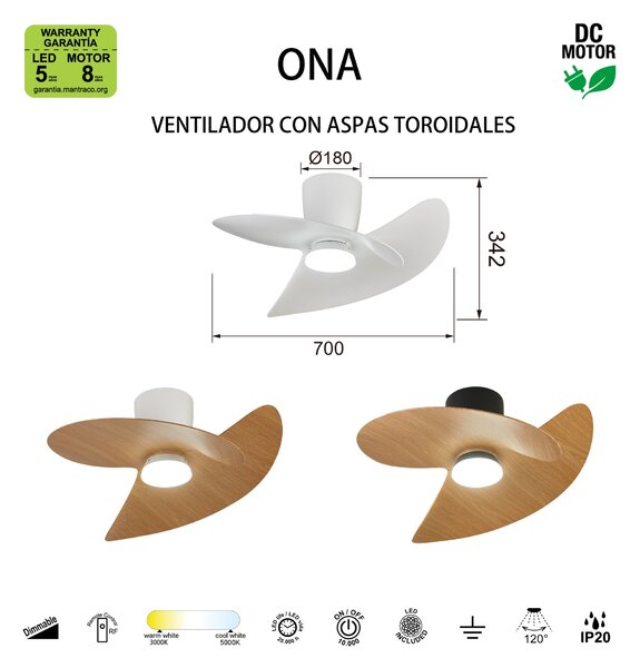 Mantra 9471 Ona, designový ventilátor se svítidlem a dálk.ovladačem, LED 18W 3000-5000K, černá/dřevěná, průměr 70cm