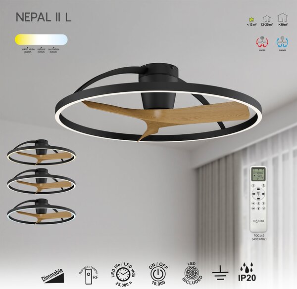 Mantra 9487 Nepal II, ventilátor se svítidlem a dálk. ovladačem, LED 44W 3000-5000K, černá/dřevěná, průměr 100cm