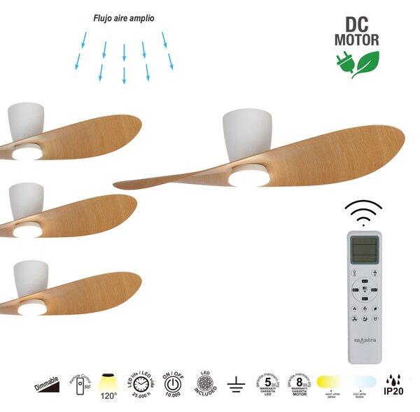 Mantra 9475 Surfer, designový ventilátor se svítidlem a dálk.ovladačem, LED 18W 3000-5000K, bílá/dřevěná, průměr 112cm