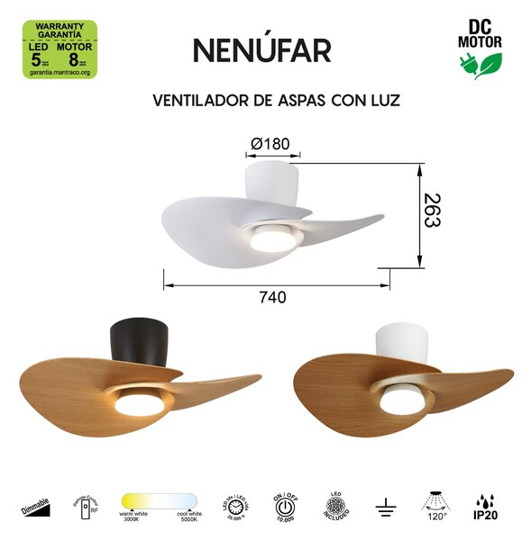 Mantra 9466 Nenufar, designový ventilátor se svítidlem a dálk.ovladačem, LED 18W 3000-5000K, bílá, průměr 74cm