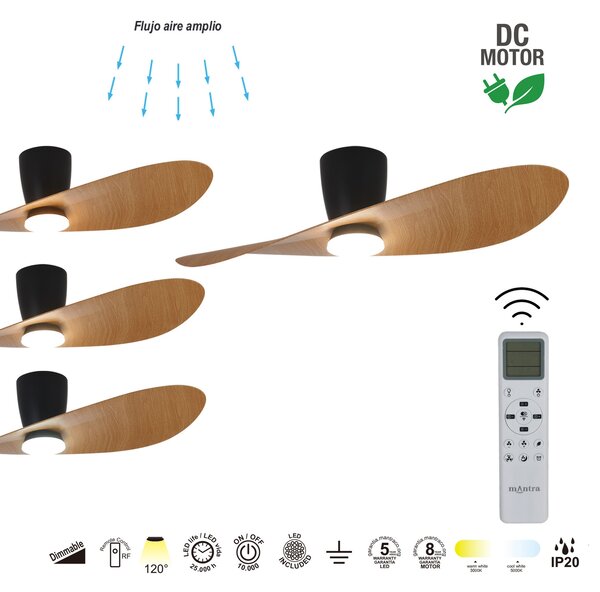 Mantra 9476 Surfer, designový ventilátor se svítidlem a dálk.ovladačem, LED 18W 3000-5000K, černá/dřevěná, průměr 112cm