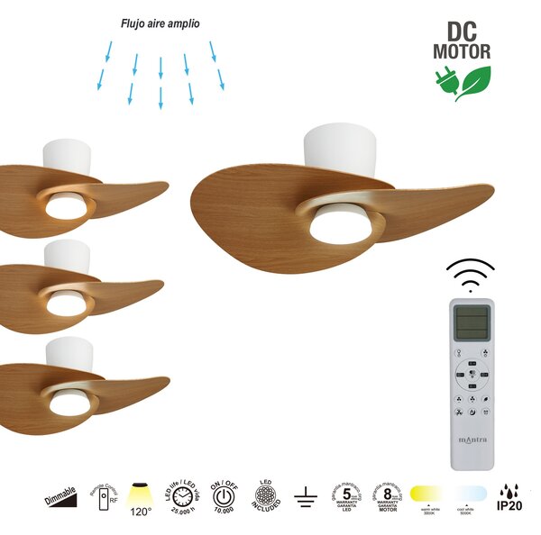 Mantra 9467 Nenufar, designový ventilátor se svítidlem a dálk.ovladačem, LED 18W 3000-5000K, bílá/dřevěná, průměr 74cm