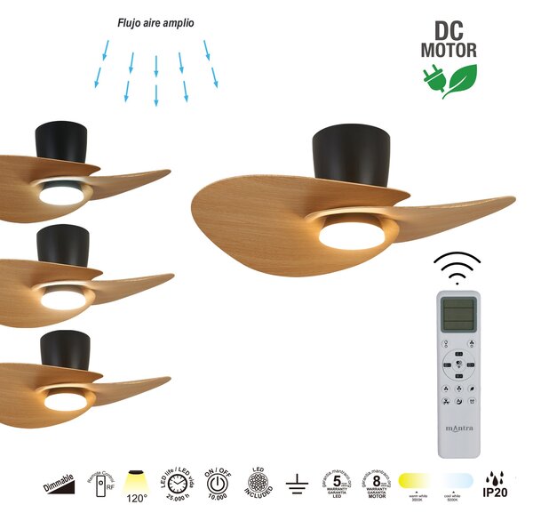 Mantra 9468 Nenufar, designový ventilátor se svítidlem a dálk.ovladačem, LED 18W 3000-5000K, černá/dřevěná, průměr 74cm