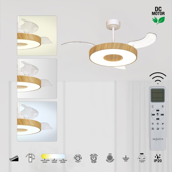 Mantra 9500 Coin Smart, rozvinovací ventilátor se svítidlem a dálk. ovladačem, LED 40W 3000-5000K, bílá/dřevěná, průměr 50/106cm