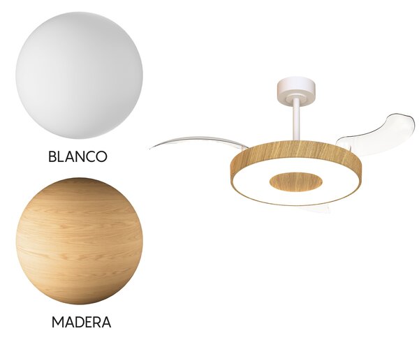 Mantra 9500 Coin Smart, rozvinovací ventilátor se svítidlem a dálk. ovladačem, LED 40W 3000-5000K, bílá/dřevěná, průměr 50/106cm