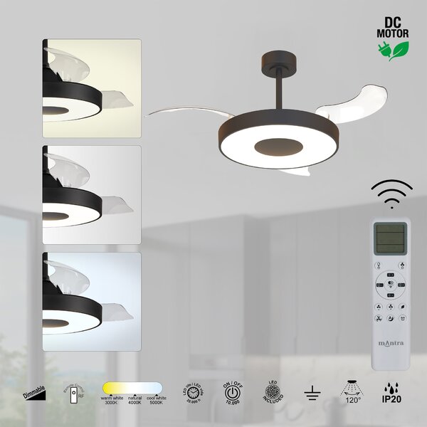 Mantra 9501 Coin Smart, rozvinovací ventilátor se svítidlem a dálk. ovladačem, LED 40W 3000-5000K, černá, průměr 50/106cm