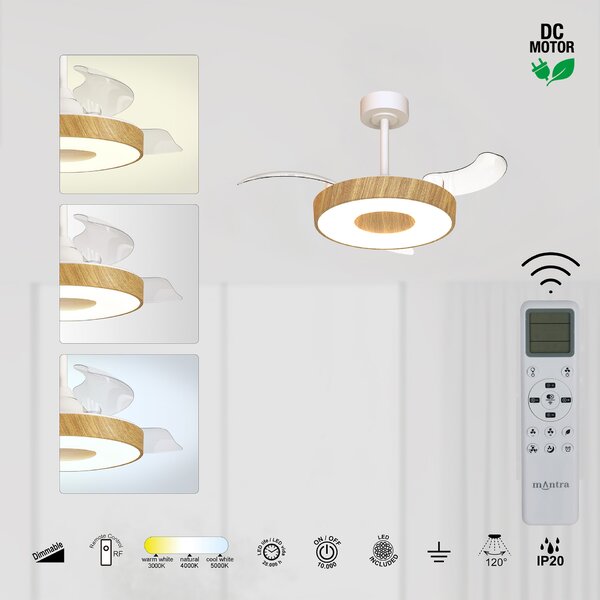 Mantra 9497 Coin Smart Mini, rozvinovací ventilátor se svítidlem a dálk. ovladačem, LED 36W 3000-5000K, bílá/dřevěná, průměr 43/91cm