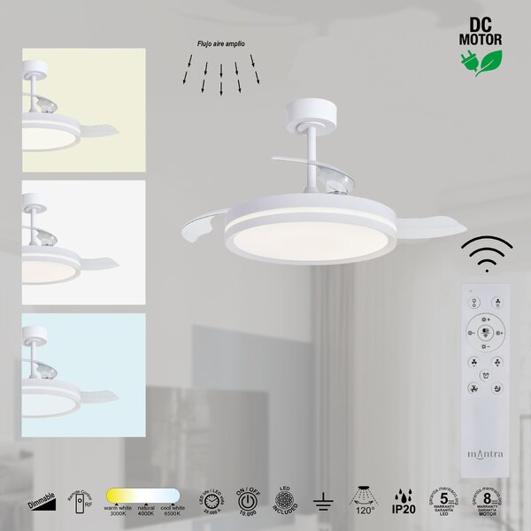 Mantra 9550 Villena, rozvinovací ventilátor se svítidlem a dálk. ovladačem, LED 36W 3000-5000K, bílá, průměr 49/106cm