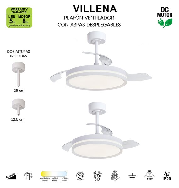 Mantra 9550 Villena, rozvinovací ventilátor se svítidlem a dálk. ovladačem, LED 36W 3000-5000K, bílá, průměr 49/106cm