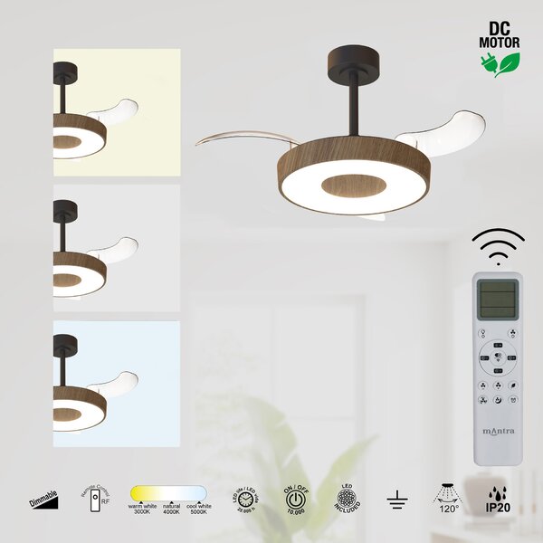 Mantra 9639 Coin Smart Mini, rozvinovací ventilátor se svítidlem a dálk. ovladačem, LED 36W 3000-5000K, černá/tmavá dřevěná, průměr 43/91cm