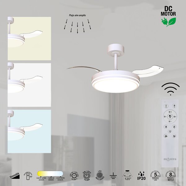 Mantra 9665 Luna Mini, rozvinovací ventilátor se svítidlem a dálk. ovladačem, LED 30W 3000-5000K, bílá, průměr 42/91cm