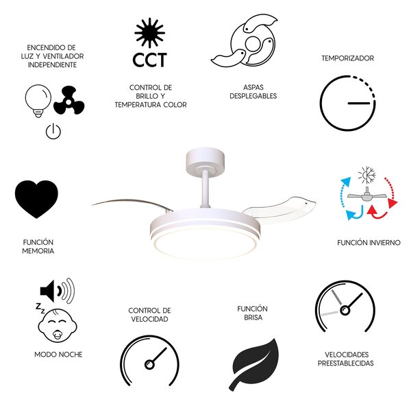 Mantra 9665 Luna Mini, rozvinovací ventilátor se svítidlem a dálk. ovladačem, LED 30W 3000-5000K, bílá, průměr 42/91cm