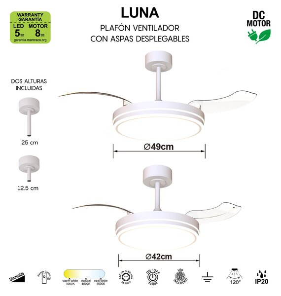 Mantra 9665 Luna Mini, rozvinovací ventilátor se svítidlem a dálk. ovladačem, LED 30W 3000-5000K, bílá, průměr 42/91cm