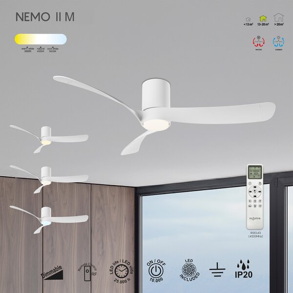 Mantra 9557 Nemo II M, lopatkový ventilátor se svítidlem a dálk. ovladačem, LED 19W 3000-5000K, bílá, průměr 122cm