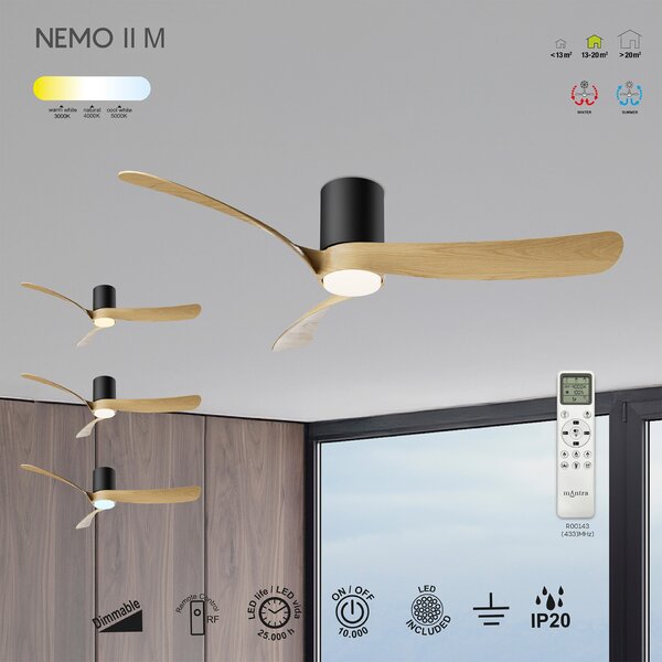 Mantra 9559 Nemo II M, lopatkový ventilátor se svítidlem a dálk. ovladačem, LED 19W 3000-5000K, černá/světlé dřevo, průměr 122cm