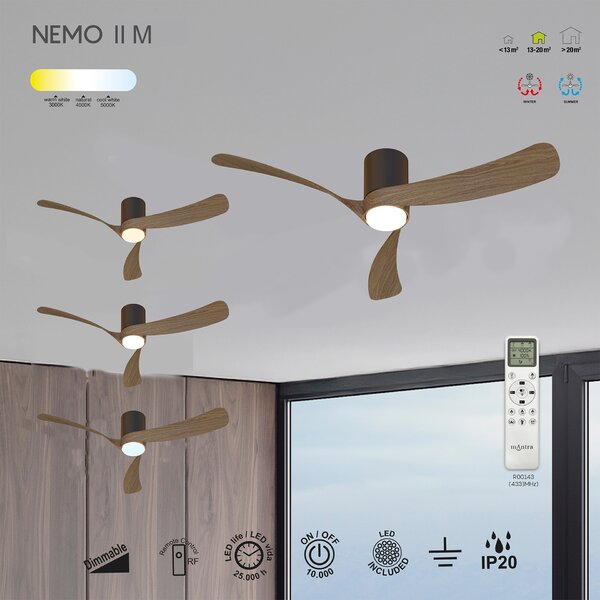 Mantra 9636 Nemo II M, lopatkový ventilátor se svítidlem a dálk. ovladačem, LED 19W 3000-5000K, černá/tmavé dřevo, průměr 122cm
