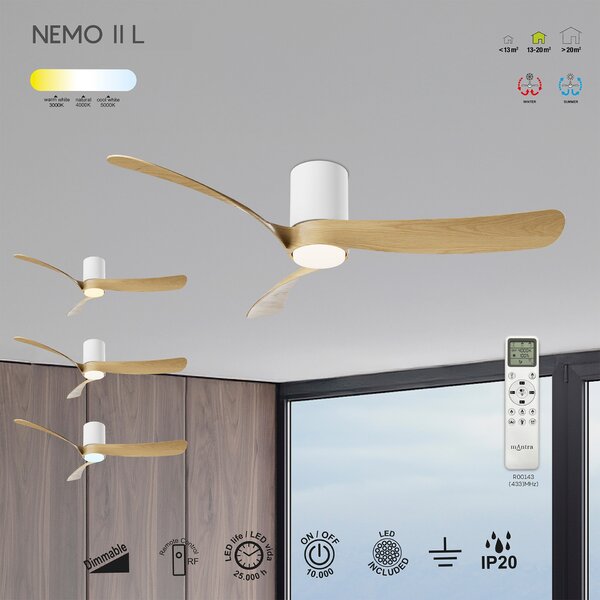 Mantra 9558 Nemo II M, lopatkový ventilátor se svítidlem a dálk. ovladačem, LED 19W 3000-5000K, bílá/dřevěná, průměr 122cm