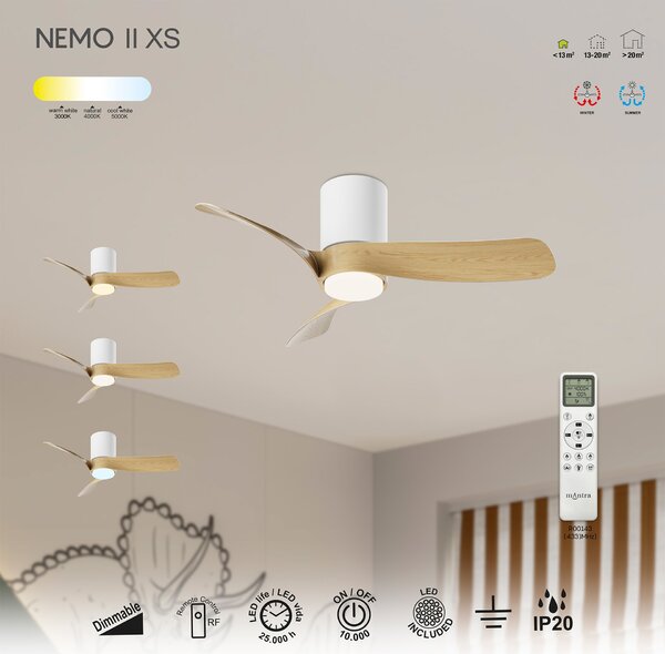Mantra 9561 Nemo II XS, lopatkový ventilátor se svítidlem a dálk. ovladačem, LED 15W 3000-5000K, bílá/dřevěná, průměr 72cm