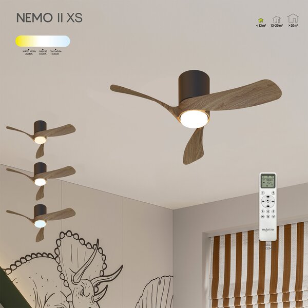 Mantra 9635 Nemo II XS, lopatkový ventilátor se svítidlem a dálk. ovladačem, LED 15W 3000-5000K, černá/tmavé dřevo, průměr 72cm