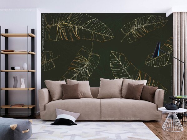 Fototapeta Skoky přírody - zlatý obrys exotických listů na tmavě zeleném pozadí