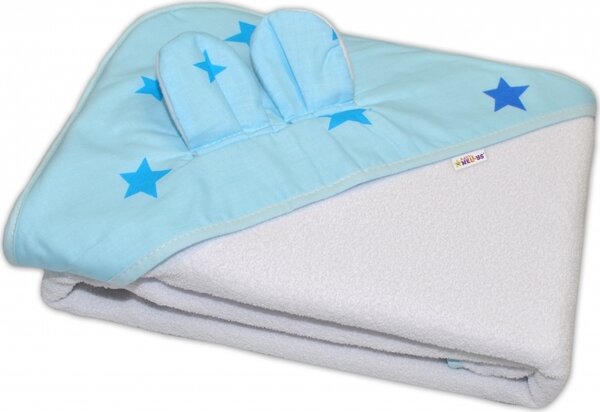 Baby Nellys Dětská termoosuška s oušky Baby Stars s kapucí, 100 x 100 cm - modrá/bílá