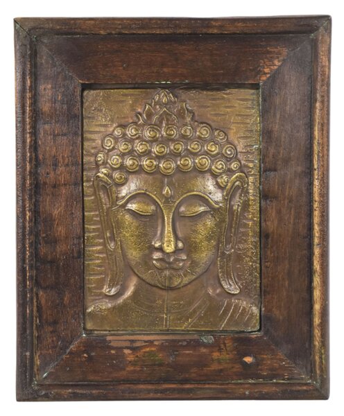 Obraz z teakového dřeva, relief Buddhy z tepaného kovu (AL)