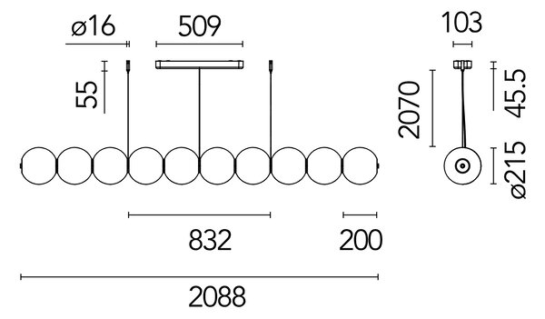 Flos F3753000 Luce Sferica S2, závěsné svítidlo se stmívačem, 145W LED 2700K, délka 238cm