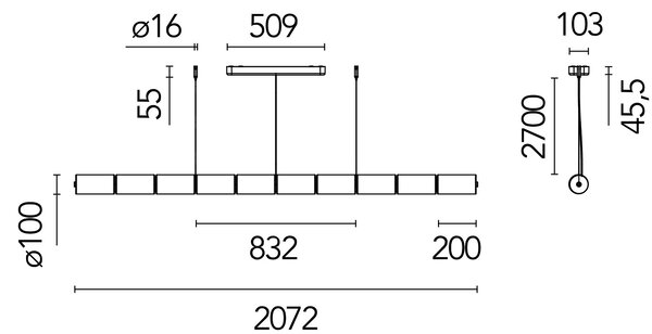 Flos F3774000 Luce Cilindrica S2, závěsné svítidlo se stmívačem, 145W LED 2700K, délka 238cm