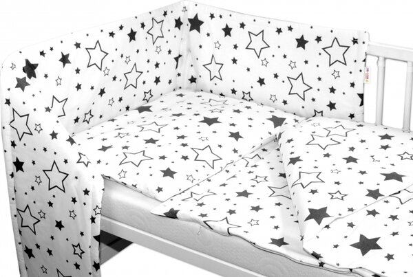 Baby Nellys 3-dílná sada - mantinel s povlečením - Černé hvězdy a hvězdičky - bílý, 135x100 cm 135x100