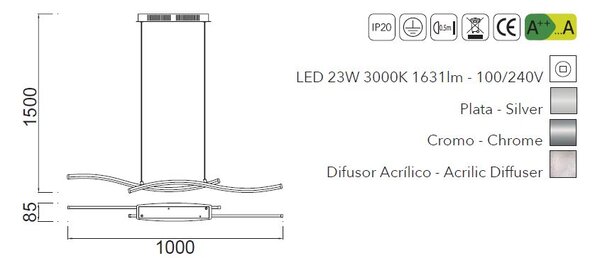 Mantra 5100 5100 Surf, moderní závěsné svítidlo, 23W LED 3000K, nikl,chrom, délka 100cm