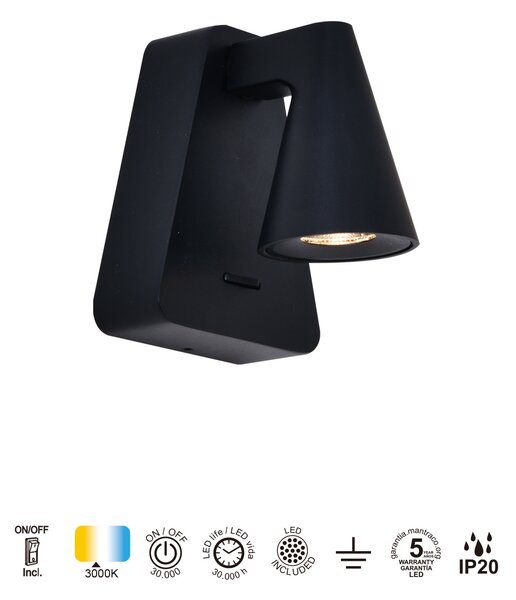 Mantra 9411 Africa, černé nástěnné svítidlo s vypínačem LED 5W, 3000K, 10 x 9cm