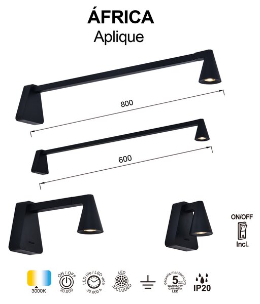 Mantra 9412 Africa, černé nástěnné svítidlo s vypínačem LED 5W, 3000K, 10 x 19cm