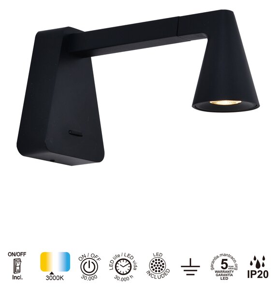 Mantra 9412 Africa, černé nástěnné svítidlo s vypínačem LED 5W, 3000K, 10 x 19cm